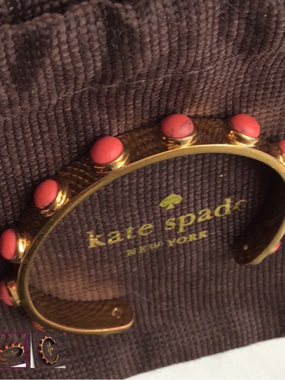 kate spade gold cuff bracelet with coral pink studs